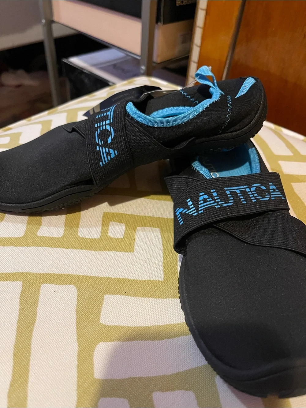Nautica Black Slip-On Water Shoes with Blue Interior and Logo Strap